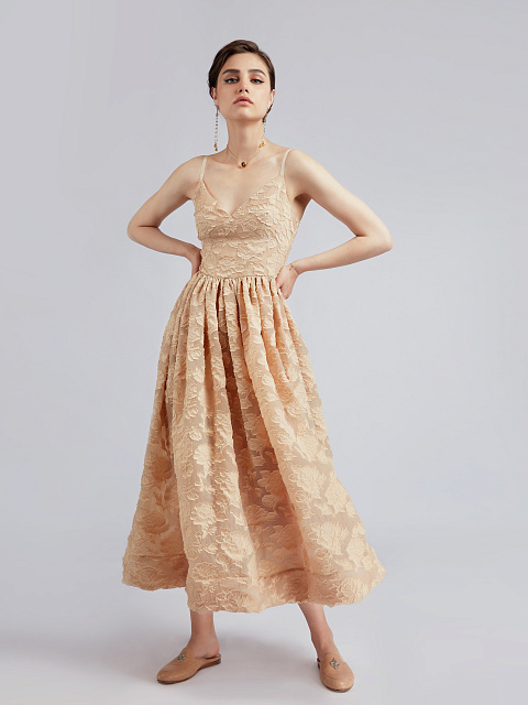 Beige Organza Midi Dress, 7