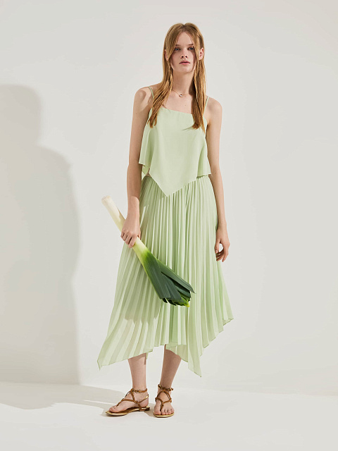 Light Green Pleated Asymmetric Midi Skirt, 2 Light Green Pleated Asymmetric Midi Skirt, 2