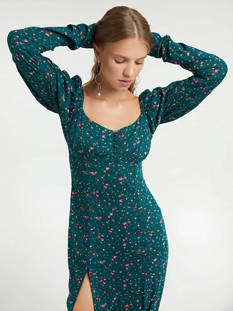 Green Floral Print Midi Dress, 7