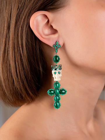 Black Gold Mammoth Tusk Malachite Emerald Earrings, 2