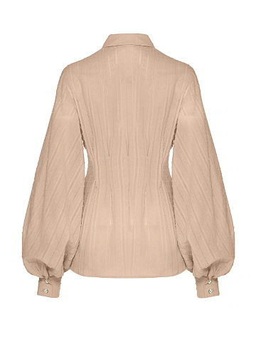 Beige Cotton Blouse With Puff Sleeves, 2