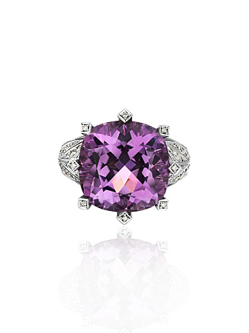 Cushion Amethyst, Grey Round Diamond & White Gold Ring, 2