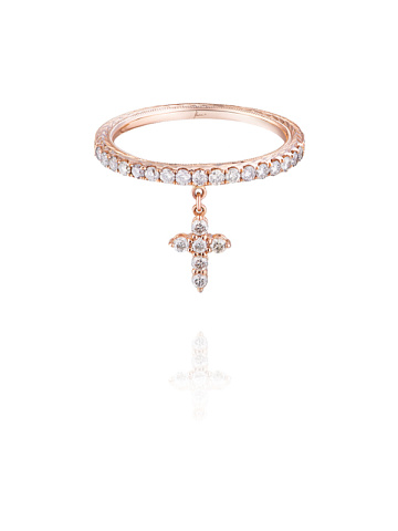 Ring made of rose gold with a cross-shaped pendant with brown round-cut diamonds, 1