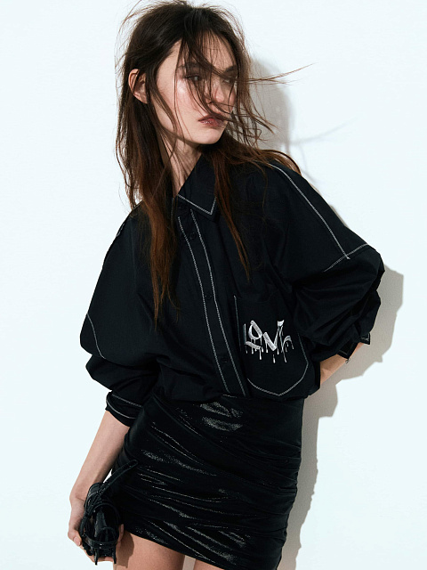 Love Embroidered Black Cotton Cropped Shirt, 2 Love Embroidered Black Cotton Cropped Shirt, 2