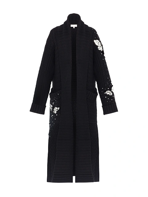 Black Mink Fur Trim Cashmere Knitted Coat, 3