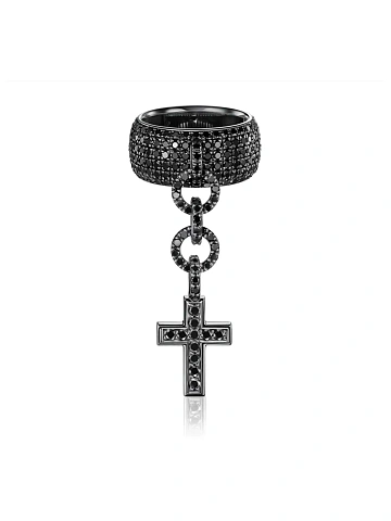 Oxidized gold ring with cross pendant and black diamonds, 1
