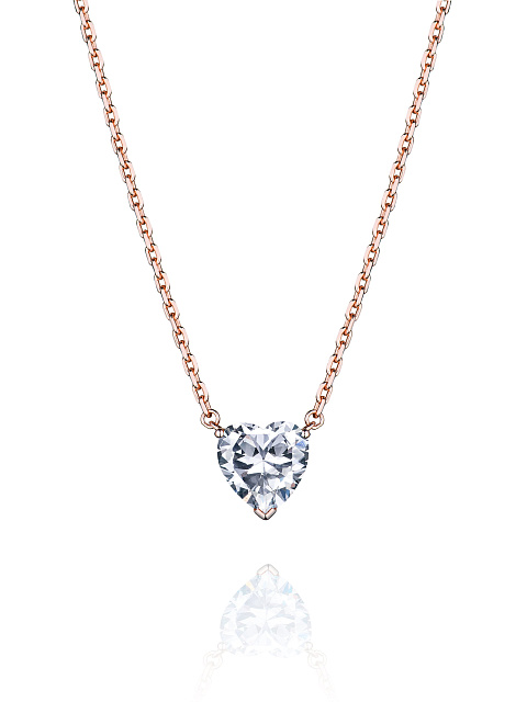 Heart-Shaped Cubic Zirkonia & Rose Silver Necklace, 1 Heart-Shaped Cubic Zirkonia & Rose Silver Necklace, 1