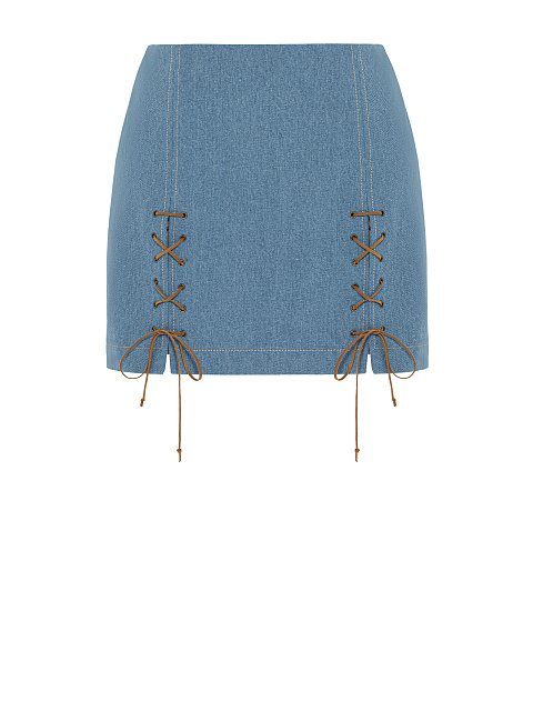 Light Blue Denim Lace Up Mini Skirt, 1
