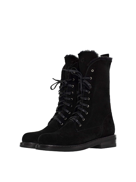 Black suede lace-up boots with fur lining, 1