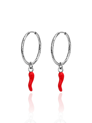 Silver & Red Pepper Hoop Earrings, 1