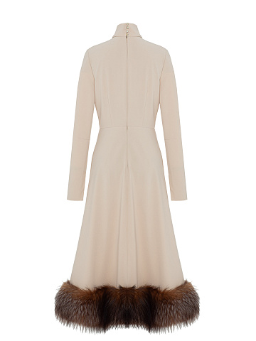 Beige Midi Dress With Fox Fur, 2