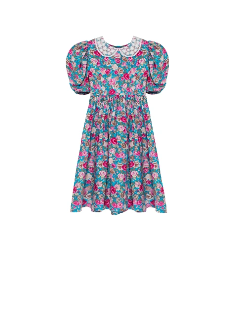 Girl's Turquoise Floral Print Lace Trim Dress, 1