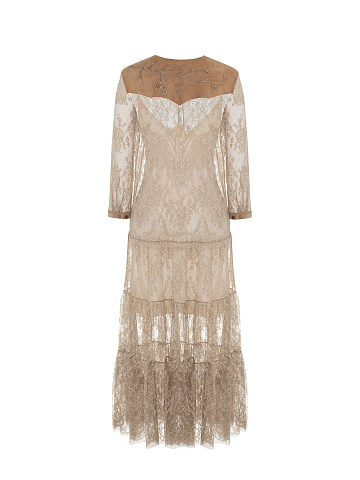 Beige Lace And Suede Midi Dress, 2