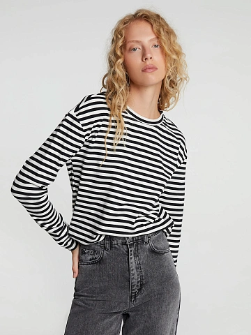 Black and white cotton striped top with red print, 2