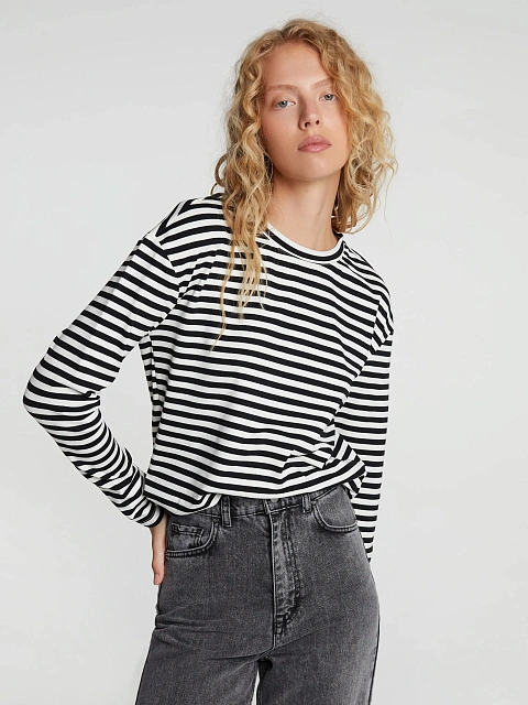 Black and white cotton striped top with red print, 2