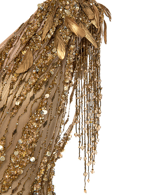 Gold Asymmetric Embroidered Mesh Maxi Dress, 3
