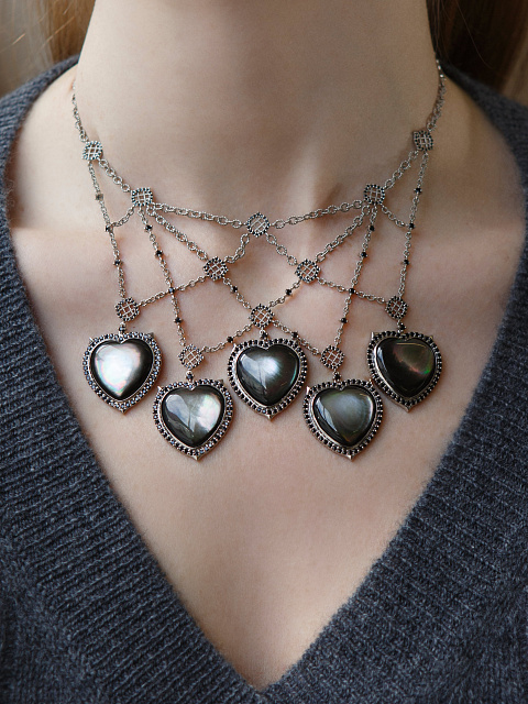 White Gold, Heart-cut Mother-of-pearl, Black Diamonds & Spinel "5 Senses" Necklace, 2 White Gold, Heart-cut Mother-of-pearl, Black Diamonds & Spinel "5 Senses" Necklace, 2