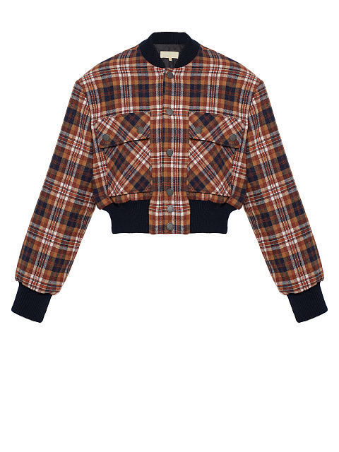 Rust Brown Plaid Cropped Bomber Jacket, 1