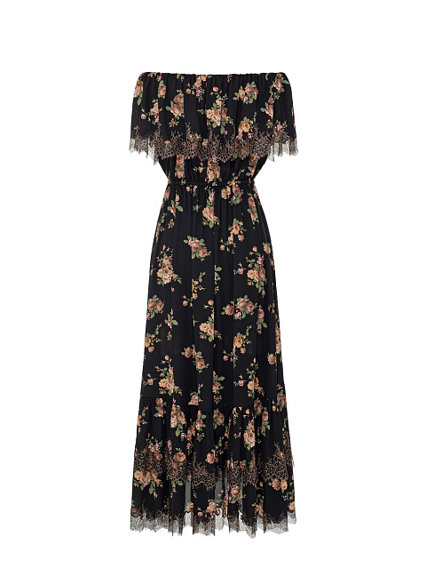 Black silk midi dress with floral print, 2