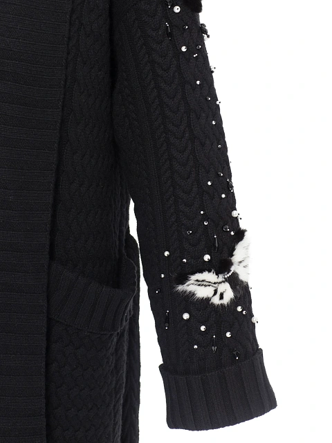 Black Mink Fur Trim Cashmere Knitted Coat, 4