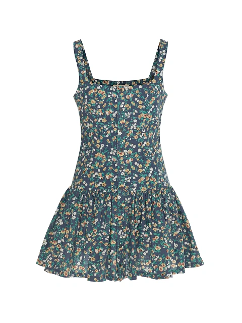 Blue cotton mini dress with floral print, 1