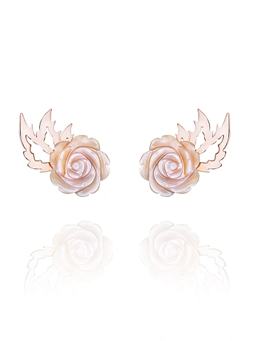 Stud earrings in rose gold with carved mother-of-pearl roses, 1