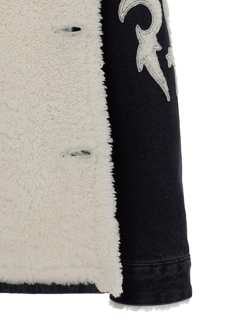 Black denim jacket with white shearling and appliqué, 4