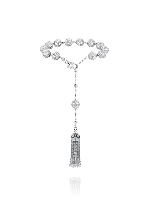 Briolette Diamond, Round Diamond & White Gold Tassel Bracelet , 1