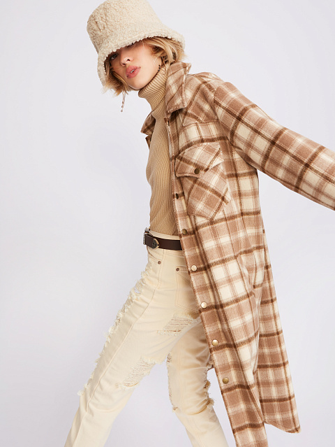 Light Brown Checked Wool Long Overshirt, 6
