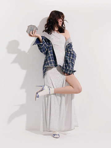 White Sequined One Shoulder Maxi Dress , 2