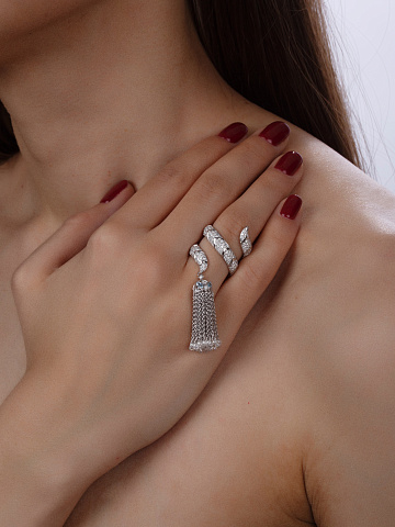 Briolette Diamond, Round Diamond, Marquise Aquamarine & White Gold Tassel Ring, 2