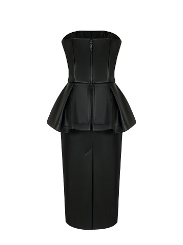 Black Faux Leather Peplum Midi Dress, 2