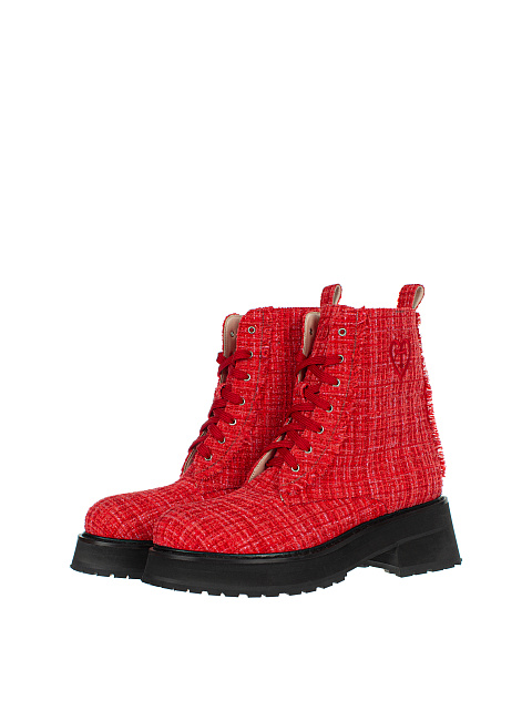 Red Tweed & Leather Lace Up Boots, 1