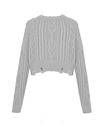 Light Grey Cotton Cropped Cable Knit Sweater, 2