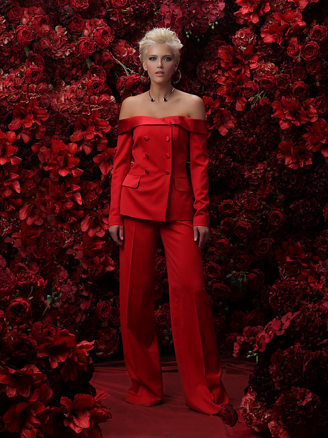 Red Wool Open Shoulders Pantsuit, 3 Red Wool Open Shoulders Pantsuit, 3