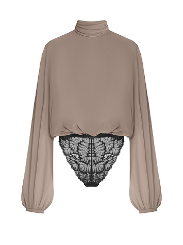 Brown bodysuit blouse with lace, 1