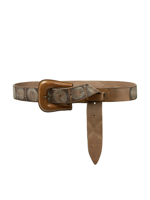 Brown Patterned Belt With Leather Buckle, 1