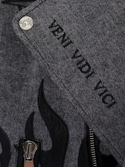 Grey Leather Trim Denim Biker Jacket, 5