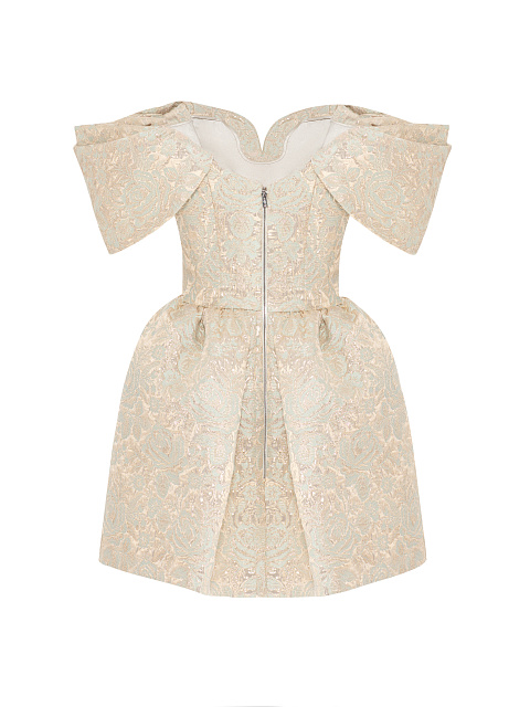 Beige Floral Brocade Mini Dress, 2