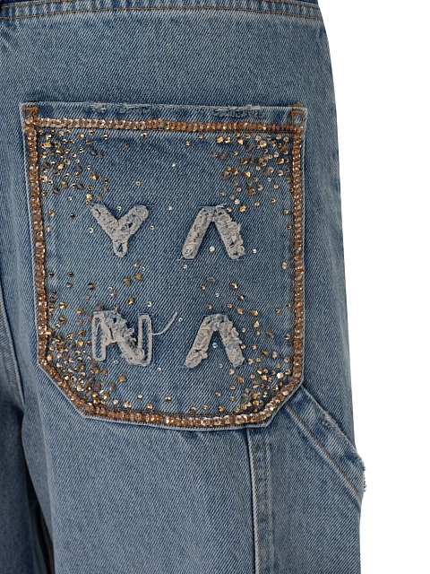 Light Blue Embroidered Wide Leg Jeans, 5