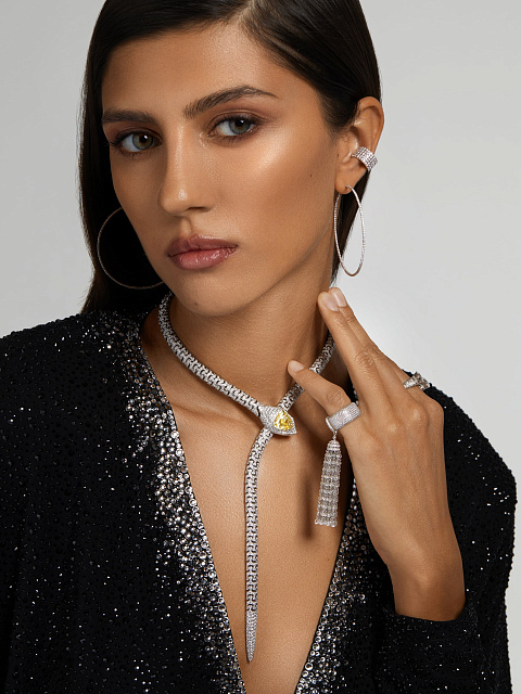 Fancy Yellow Triangular Diamond & Emerald & Round Diamond & White Gold Necklace , 9