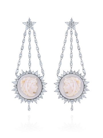 White Gold, Cameo & Pear-cut Diamonds Earrings, 1