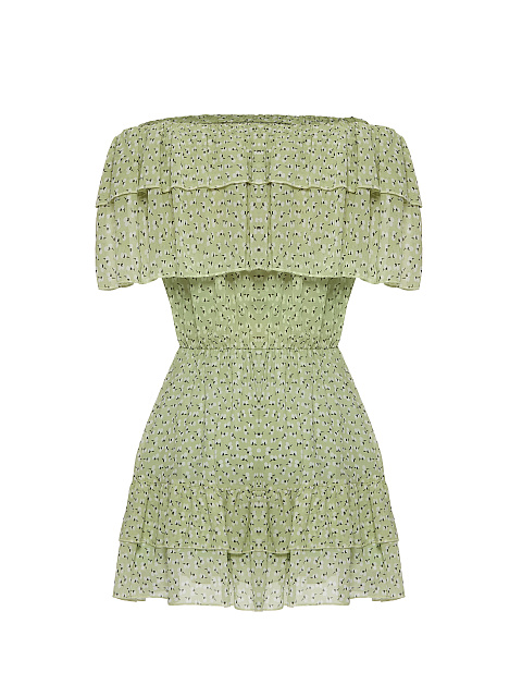 Light Green Flower Printed Off Shoulder Mini Dress, 2
