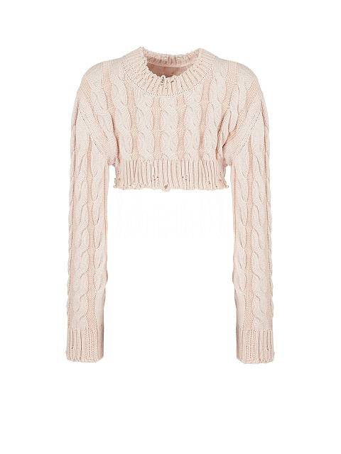 Light Pink Distressed Cable Knit Super Cropped Sweater, 1