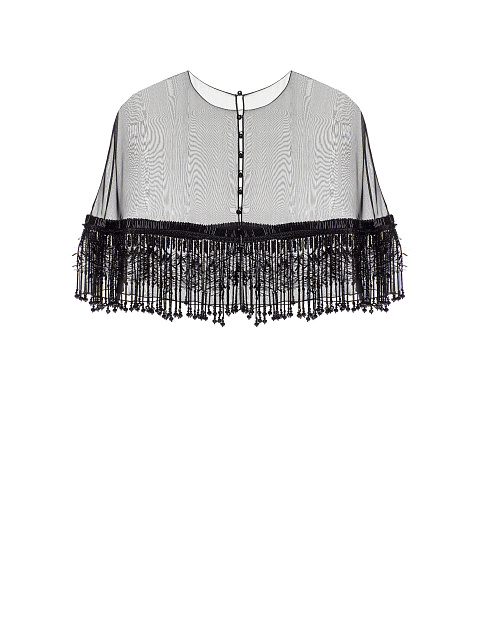 Black Organza Cape With Beaded Fringe, 7