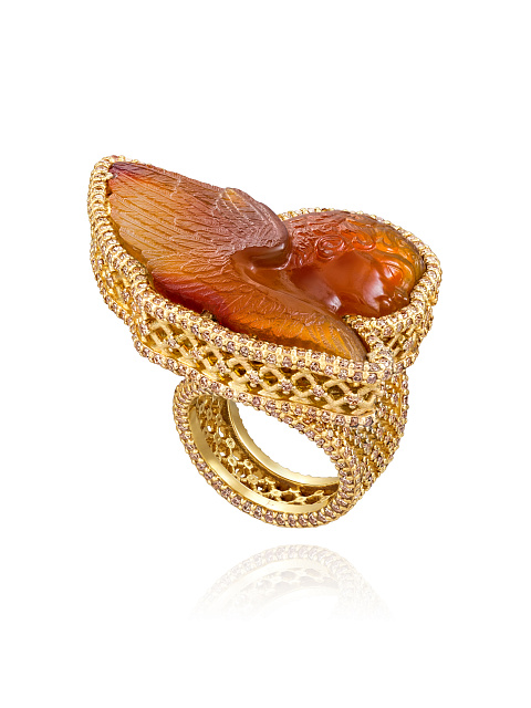 Carnelian Cameo, Round Diamond & Gold Ring, 1