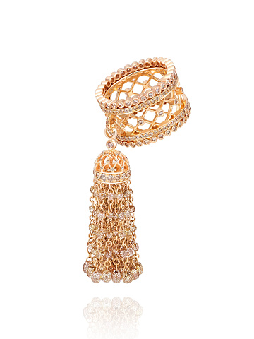 Rose Gold & Brown Briolette Diamond & Brown Round Diamond Tassel Ring, 1