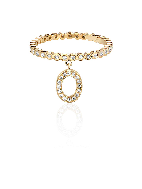 Yellow gold ring with an O letter pendant with diamonds, 1
