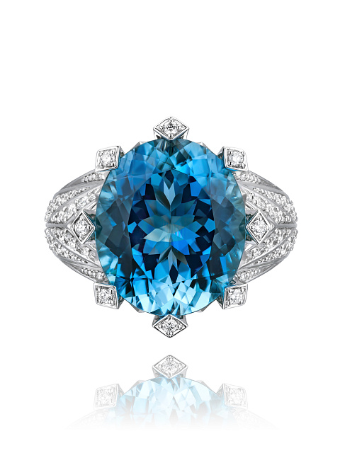 Aquamarine; Princess Diamond, Round Diamond & White Gold Ring, 2