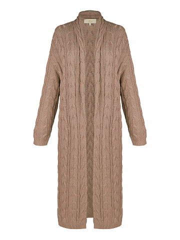 Brown Tencel & Silk Cable Knit Long Cardigan, 1